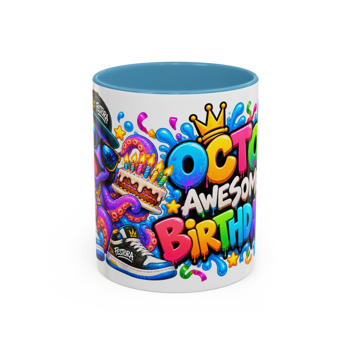 OCTO AWESOME BIRTHDAY! White Ceramic Mug – Funny Octopus Birthday Coffee Cup – Colorful Party Gift – Original FestoraShop Design