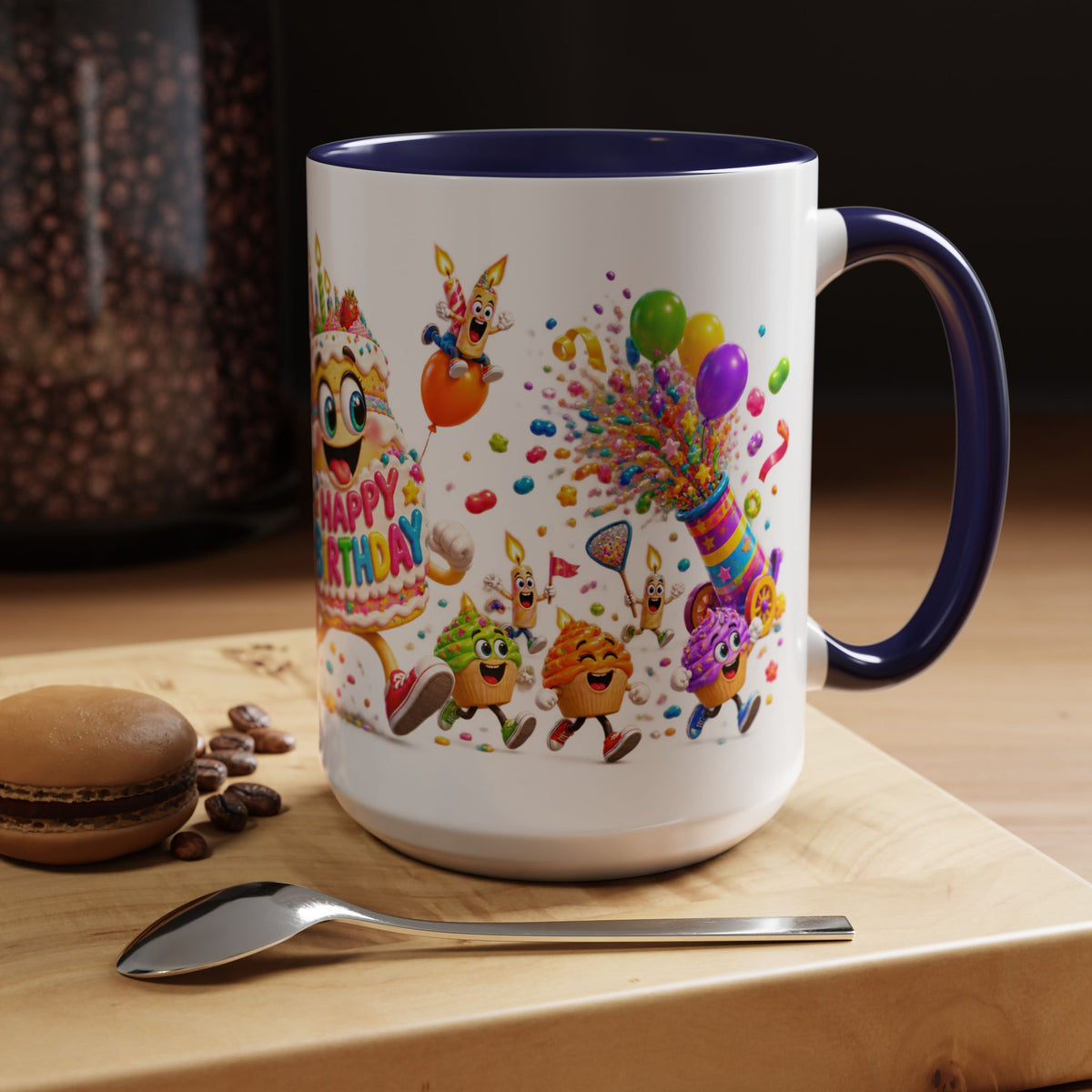 Birthday Party Coffee Mug – Colorful Happy Birthday Cake & Balloon Design (11/15oz Accent Mug)