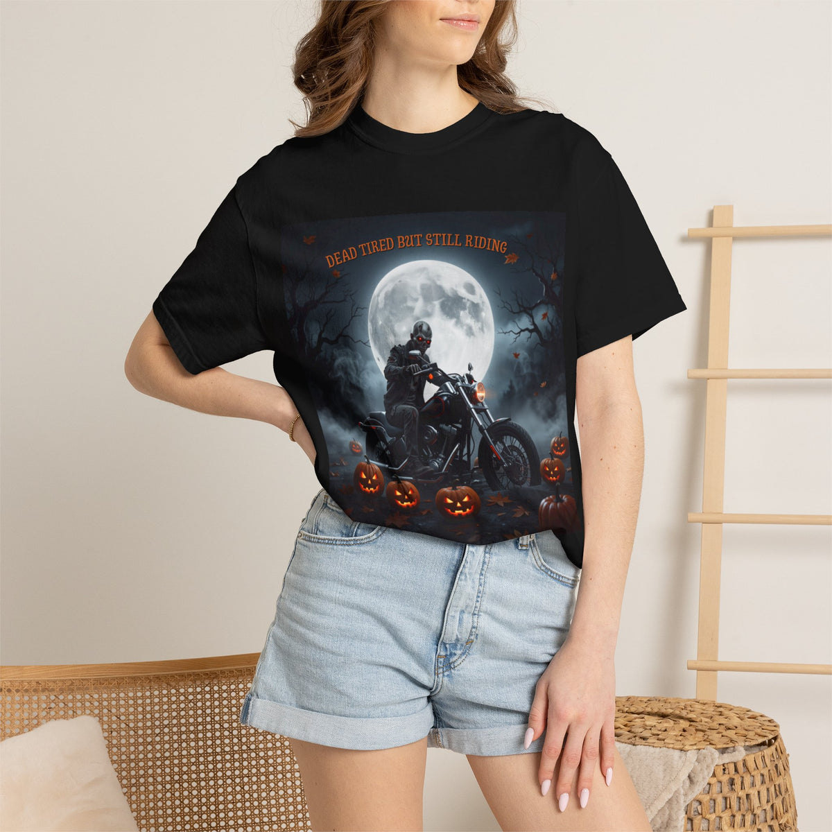 Halloween Motorcycle T-Shirt – 'Dead Tastes But Still Riding' Rider Skull Tee