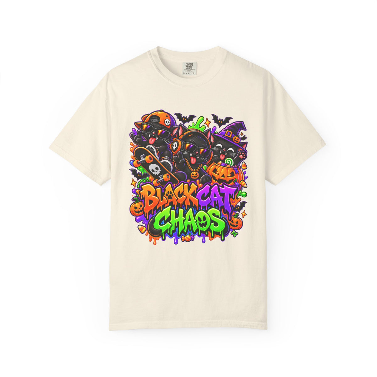 Neon Black Cat Halloween Chaos T-Shirt | Cute Spooky Cat Graphic Tee