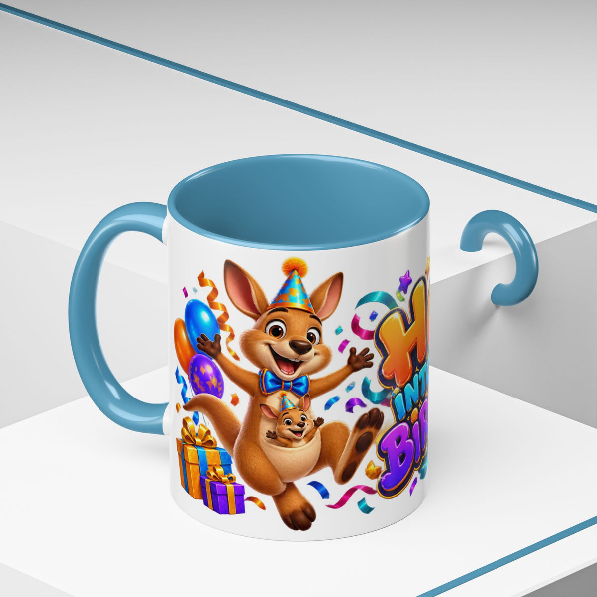 Hop Into Your Birthday White Mug – Cute Kangaroo Birthday Cup, Colorful Fun Party Gift