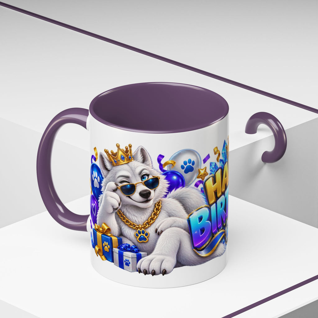 White Wolf Happy Birthday Mug – Blue Purple & Gold Birthday Gift – FestoraShop White Coffee Mug