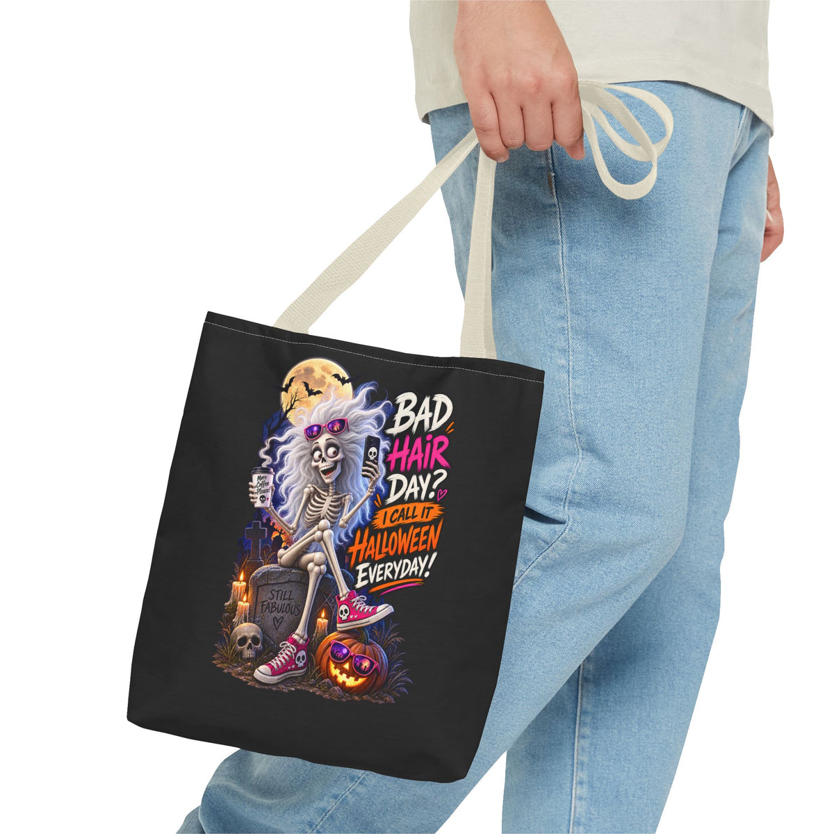 Halloween Skeleton Tote Bag — "Bad Hair Day? I Call It Halloween Everyday" Graphic