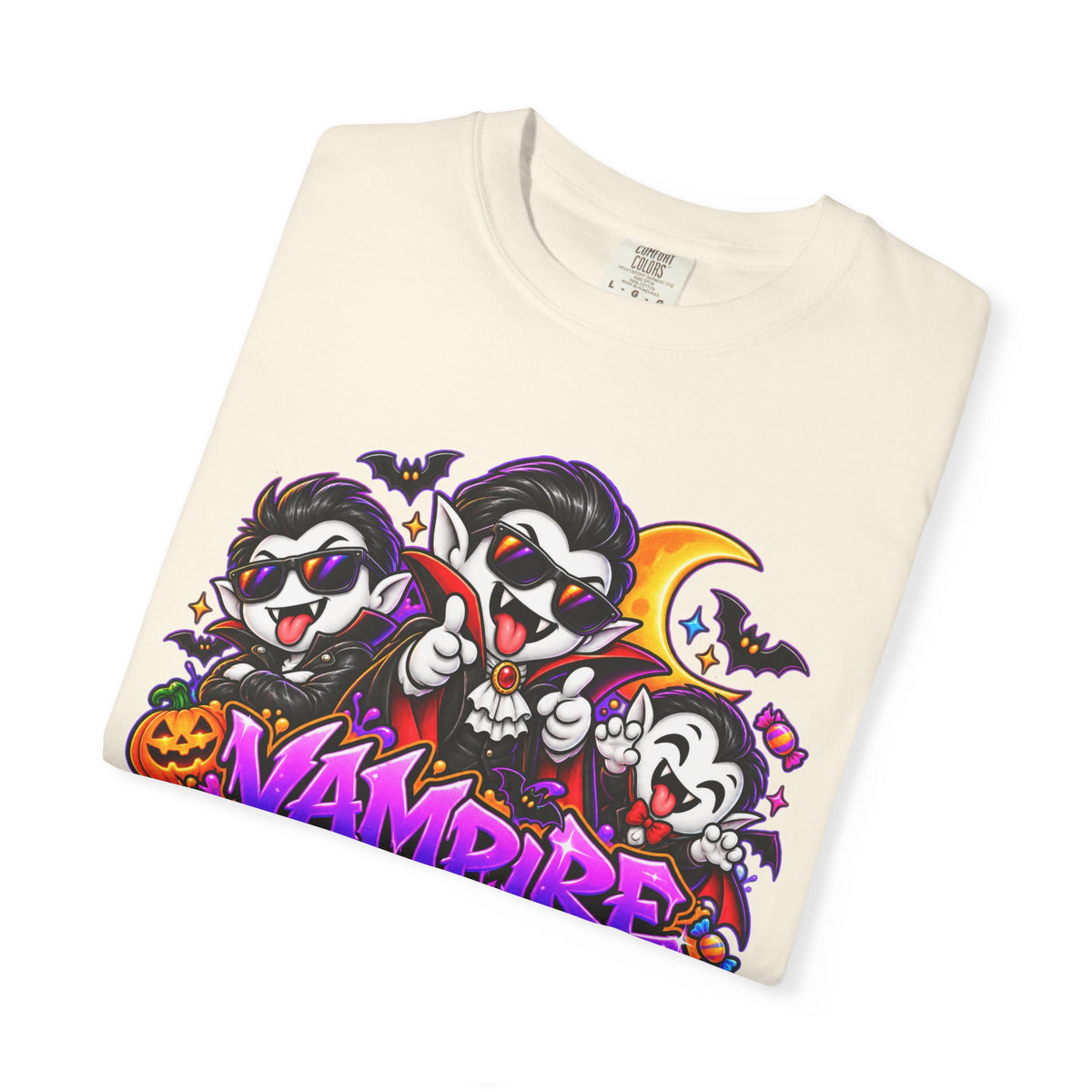 Neon Vampire Vibes Halloween Unisex Garment-Dyed T-Shirt Featuring a Cool Festora Vampire Crew