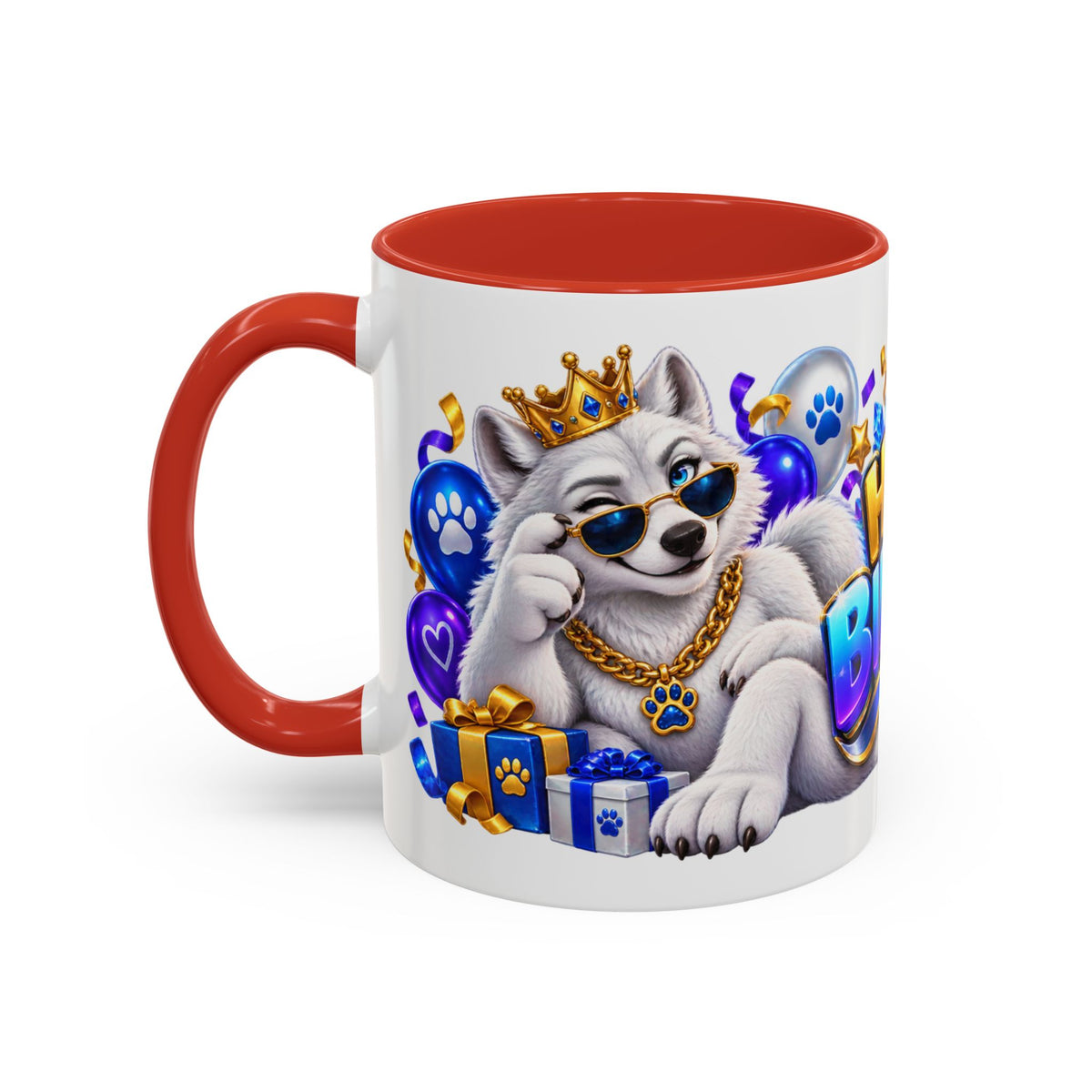 White Wolf Happy Birthday Mug – Blue Purple & Gold Birthday Gift – FestoraShop White Coffee Mug