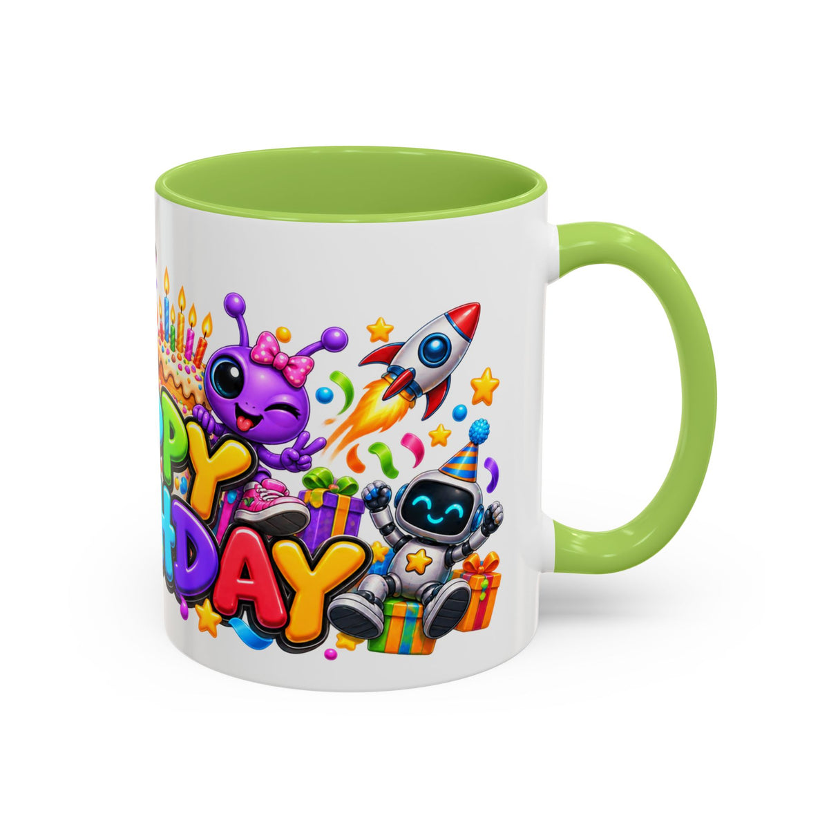 Happy Birthday Space Party Mug – Cute Aliens, Robots, UFO & Colorful 3D Birthday Design