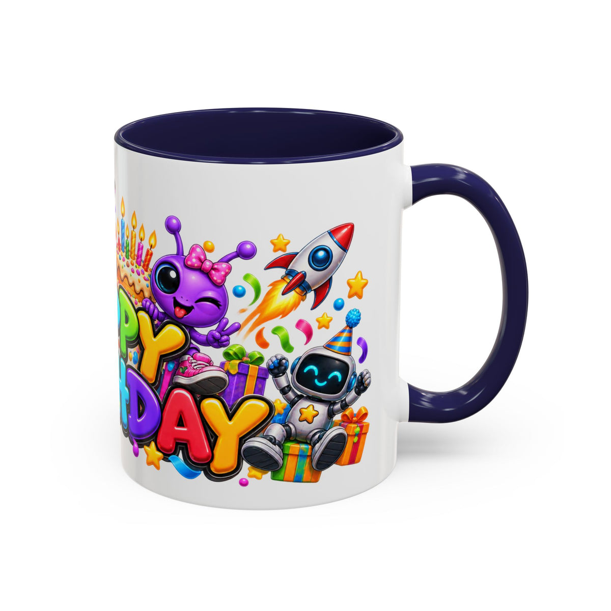 Happy Birthday Space Party Mug – Cute Aliens, Robots, UFO & Colorful 3D Birthday Design