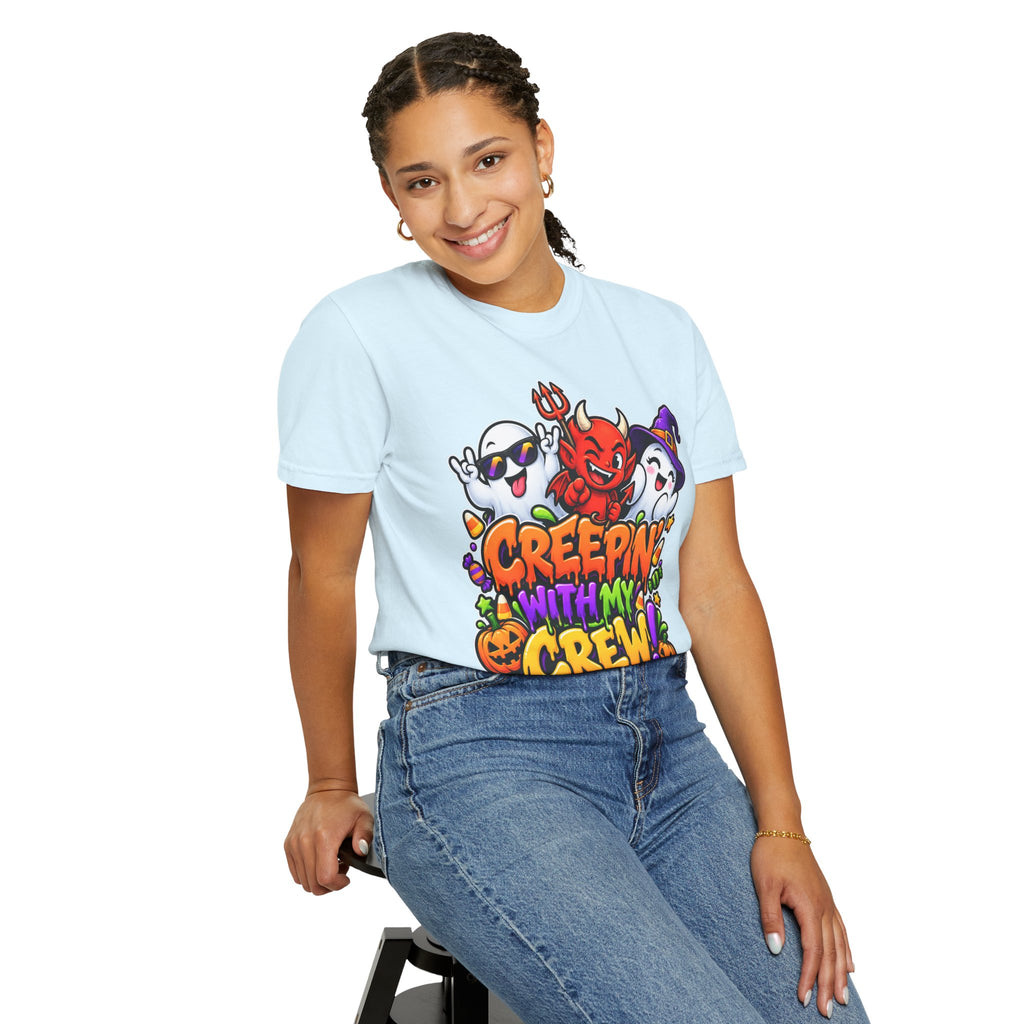 Creepin’ With My Crew Halloween T-Shirt – Colorful Funny Ghost & Devil Graphic Tee