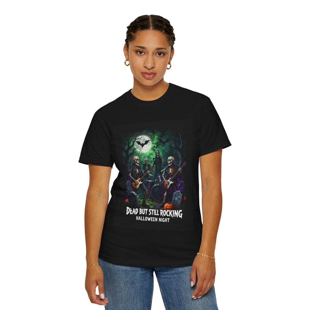 Halloween Rock Band T-Shirt — "Dead But Still Rocking" Skeleton Guitar Tee