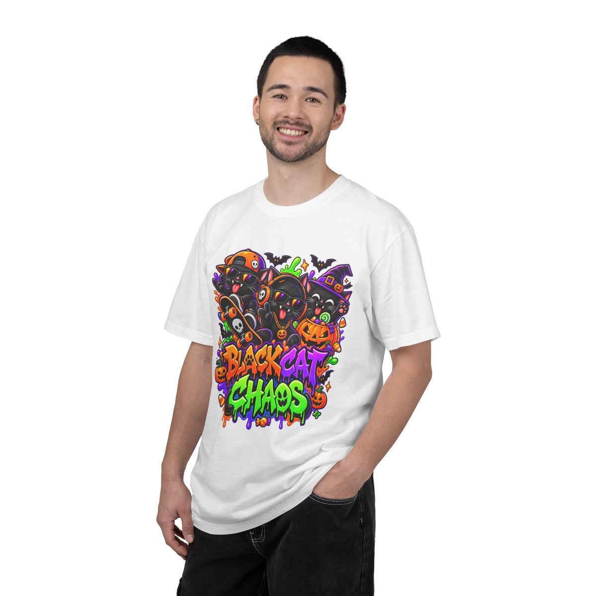 Neon Black Cat Halloween Chaos T-Shirt | Cute Spooky Cat Graphic Tee