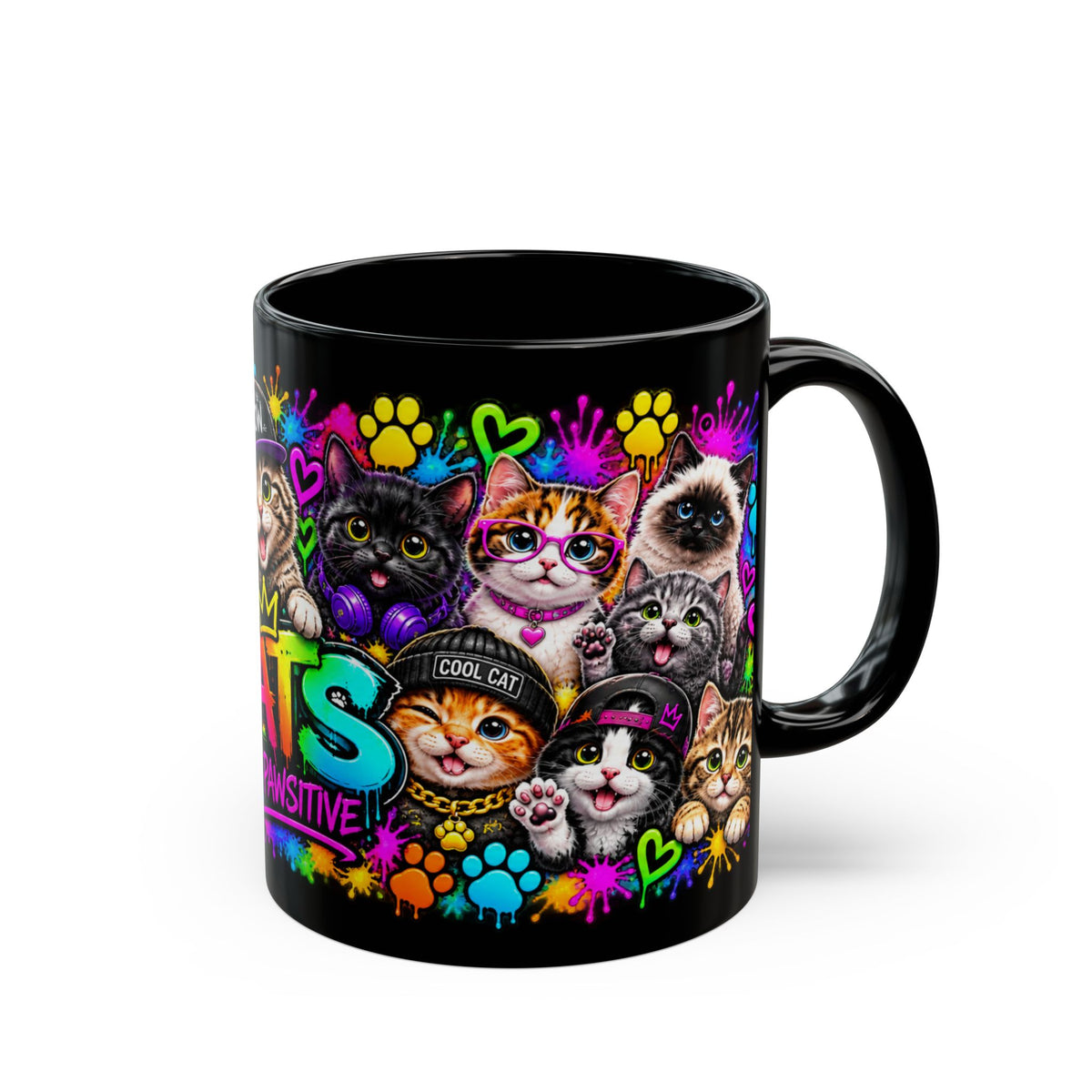 Cats Stay Pawsitive Black Mug – Colorful Cute Cat Coffee Cup (11oz)