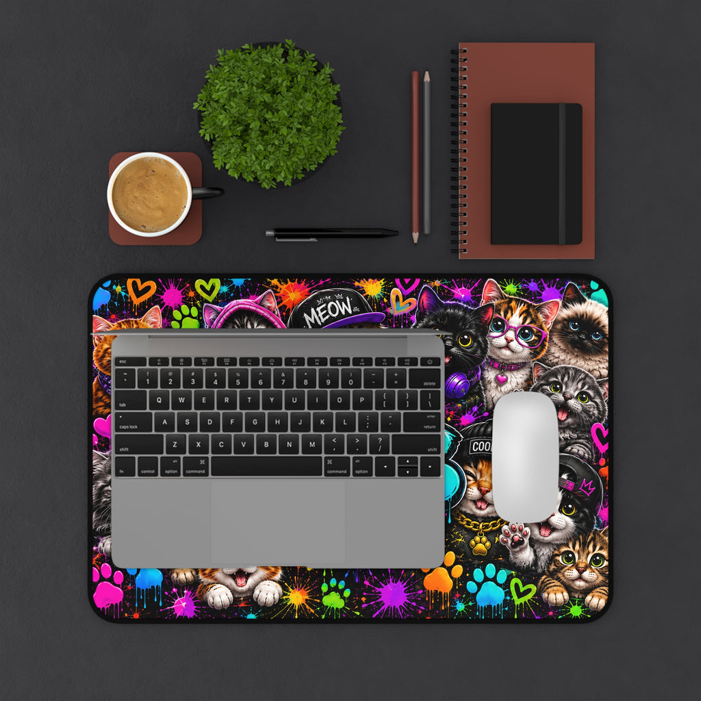 Cats Stay Pawsitive Desk Mat — Colorful Cute Cat Keyboard Pad