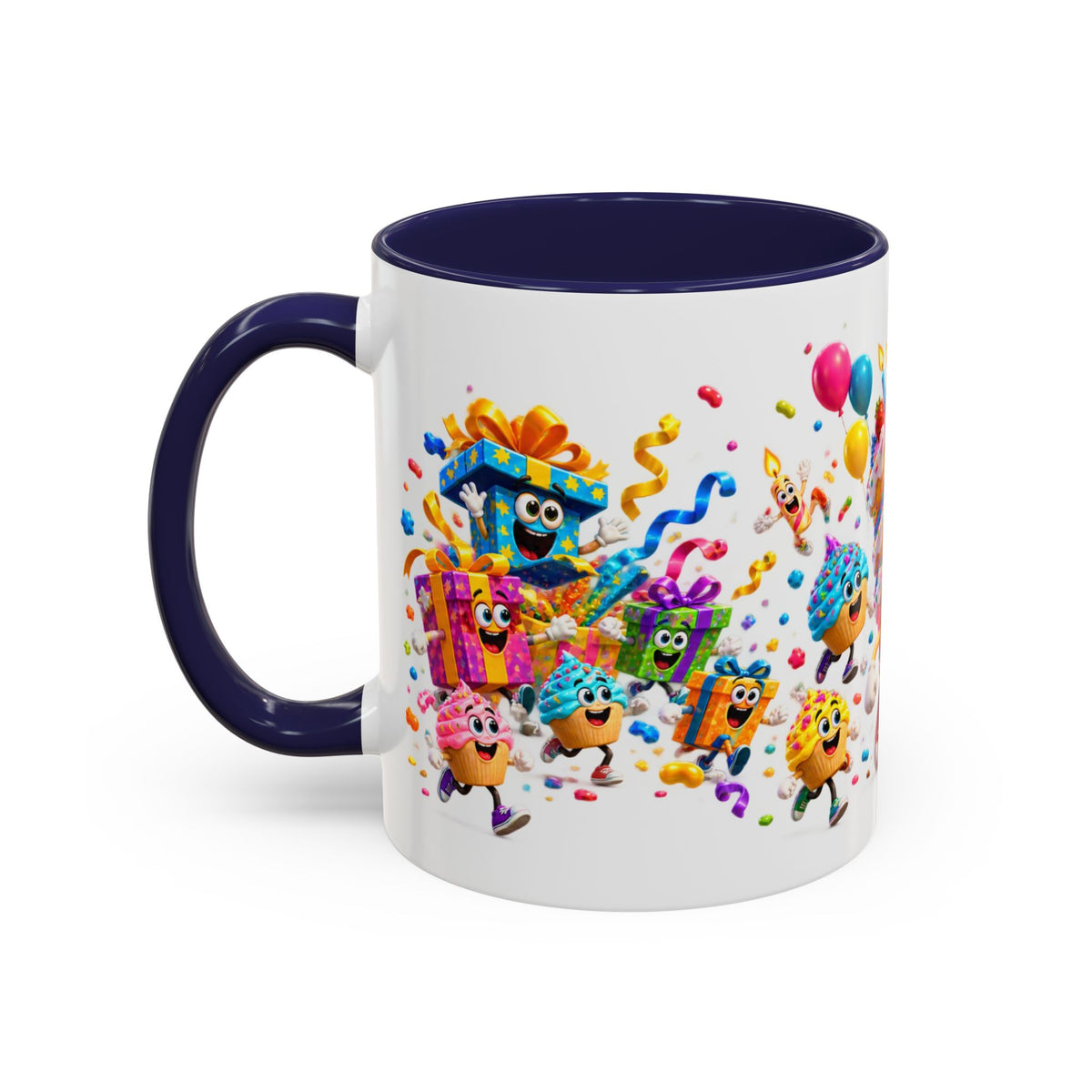 Birthday Party Coffee Mug – Colorful Happy Birthday Cake & Balloon Design (11/15oz Accent Mug)