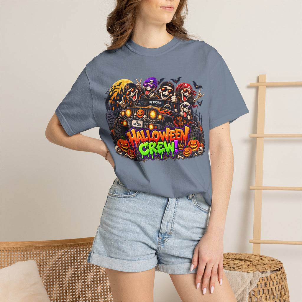 Halloween Crew T-Shirt – Skeleton Jeep Spooky Graphic Tee