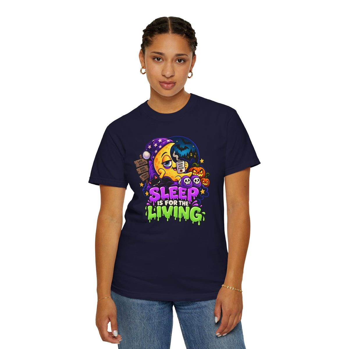 Sleep Is for the Living – Funny Halloween Moon T-Shirt