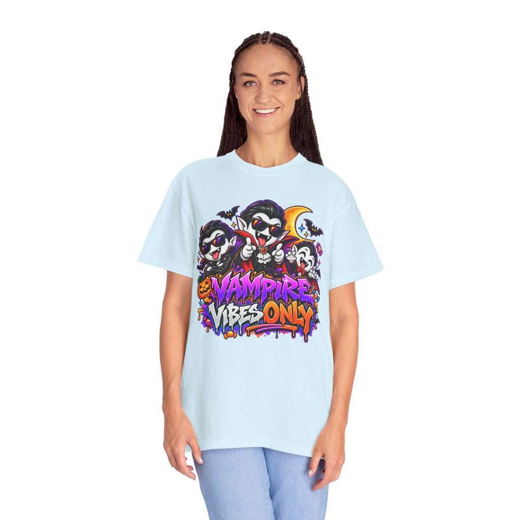 Neon Vampire Vibes Halloween Unisex Garment-Dyed T-Shirt Featuring a Cool Festora Vampire Crew