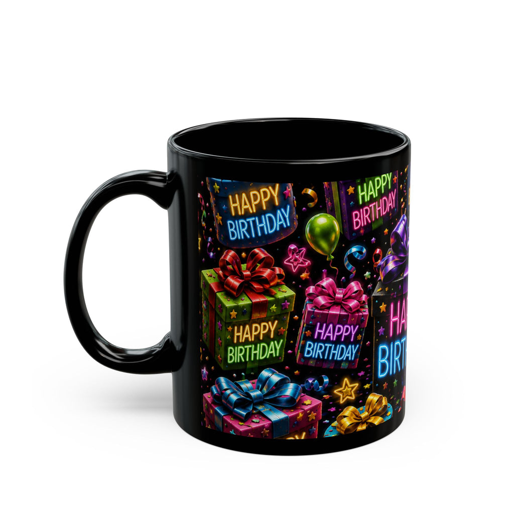 Happy Birthday Gift & Balloons Black Mug — Colorful Celebration Coffee Cup