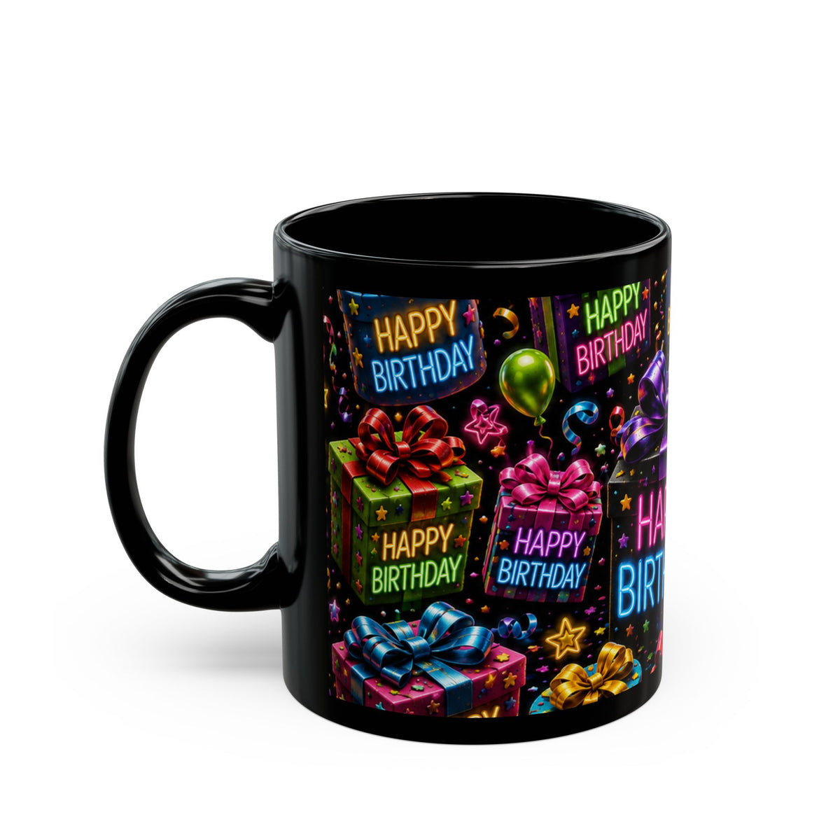 Happy Birthday Gift & Balloons Black Mug — Colorful Celebration Coffee Cup