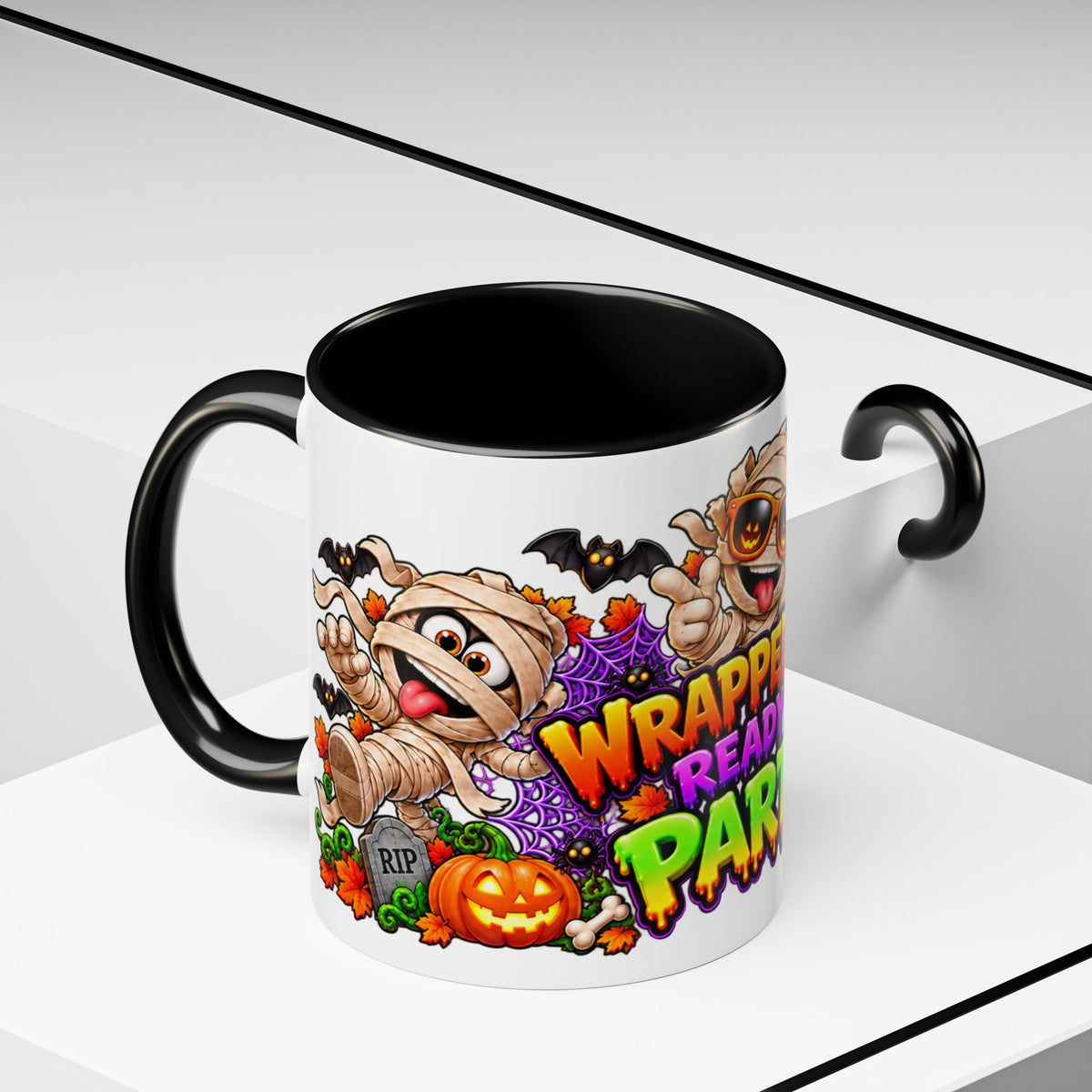 Wrapped Up & Ready to Party White Mug – Funny Mummies & Spooky Party Design