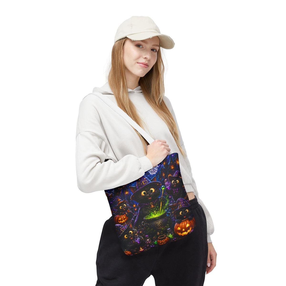 Halloween Black Cat Witches Tote Bag — Cute 3D Cats, Cauldron & Pumpkins Design