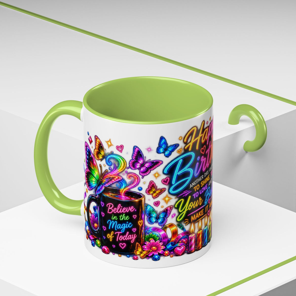 Birthday Coffee Mug – Colorful "Happy Birthday" Gift Mug with Butterflies & Candles