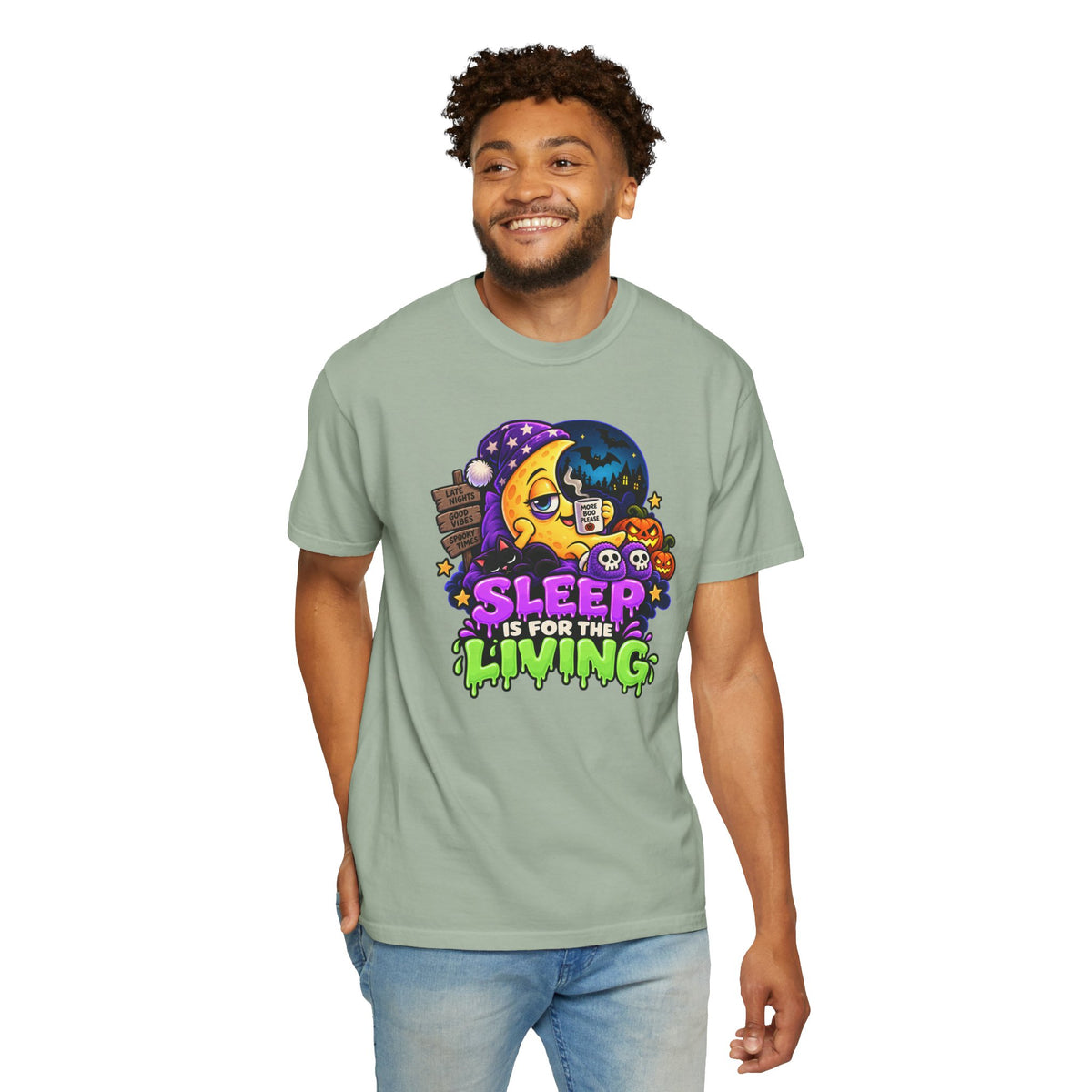 Sleep Is for the Living – Funny Halloween Moon T-Shirt