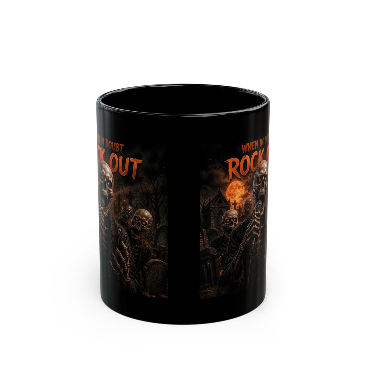 Rock Out Skull Mug — 'When in Doubt Rock Out' Gothic Cemetery Coffee Cup (11oz/15oz)
