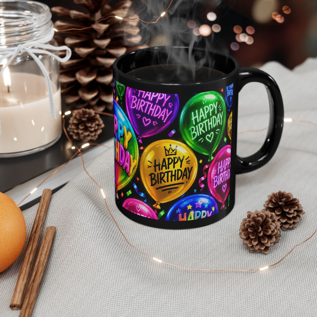 Happy Birthday Balloon Black Mug — Colorful Celebration Coffee Cup (11oz/15oz)