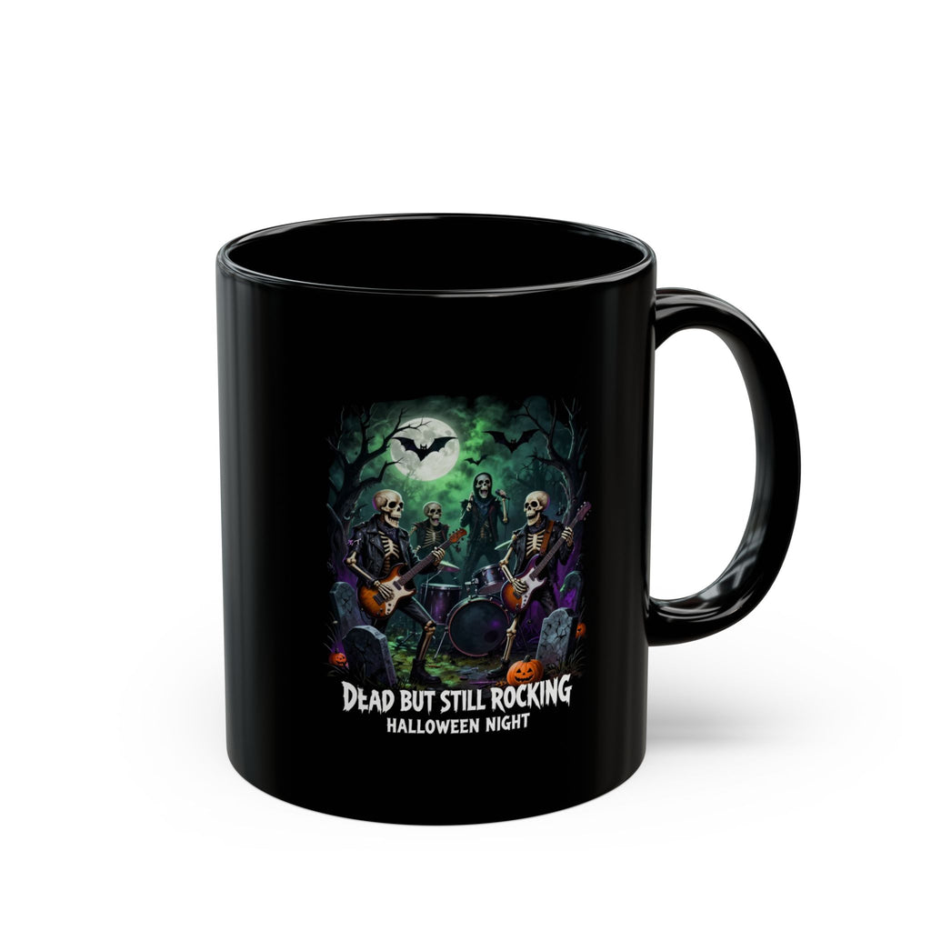 Dead But Still Rocking Halloween Mug — Spooky Skeleton Band Black Coffee Cup
