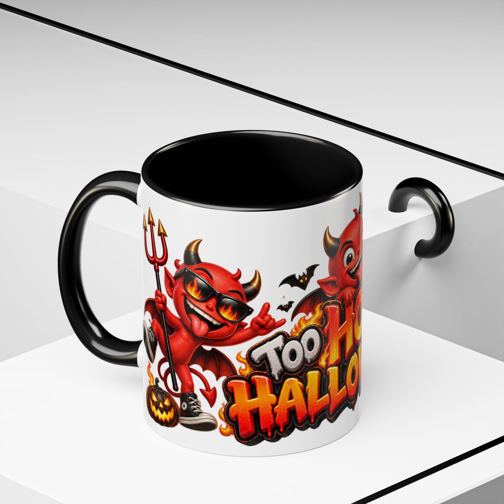 Too Hot for Halloween White Mug – Funny Devils, Flames & Spooky Design