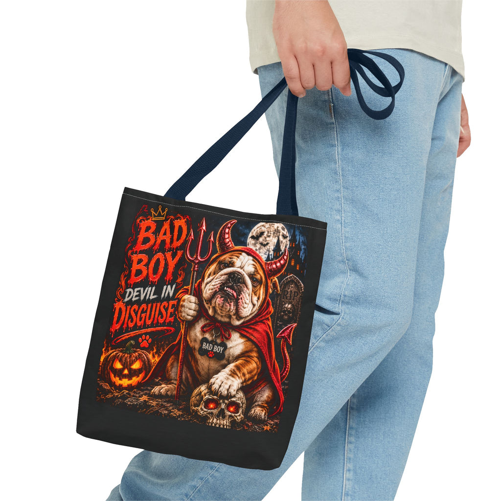 Halloween Bulldog Tote Bag – "Bad Boy Devil in Disguise" Gothic Pumpkin Skull Design