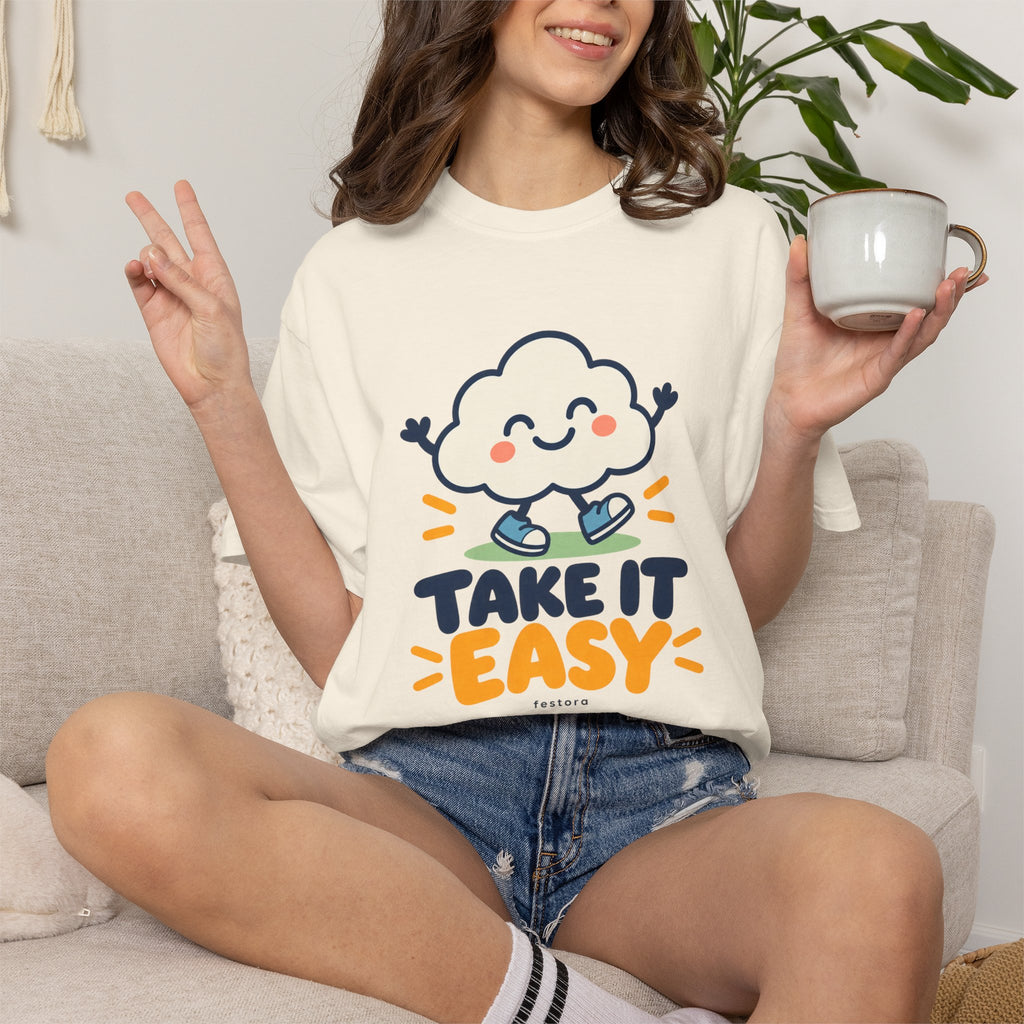 Take It Easy – Happy Cloud Graphic T-Shirt | Festora Everyday