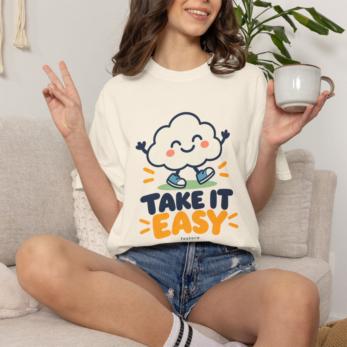 Take It Easy – Happy Cloud Graphic T-Shirt | Festora Everyday