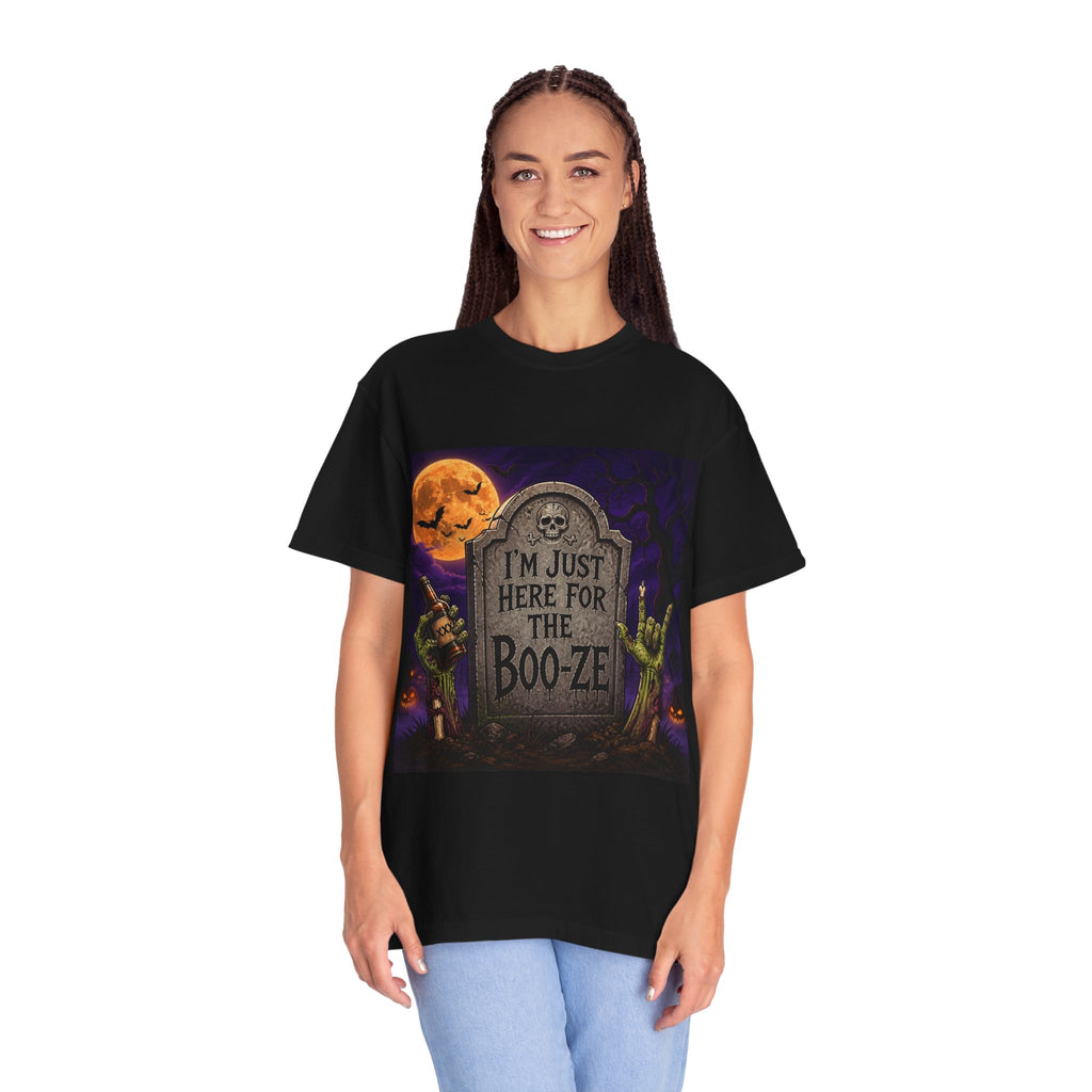 Halloween Tee — "I'm Just Here for the Boo-ze" Tombstone Design