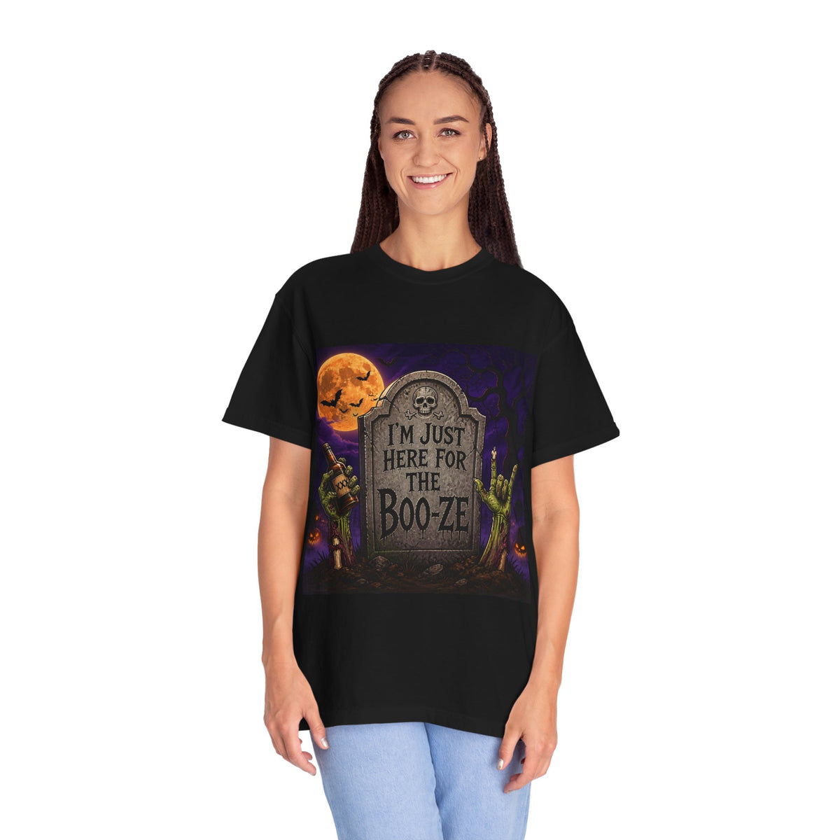 Halloween Tee — "I'm Just Here for the Boo-ze" Tombstone Design