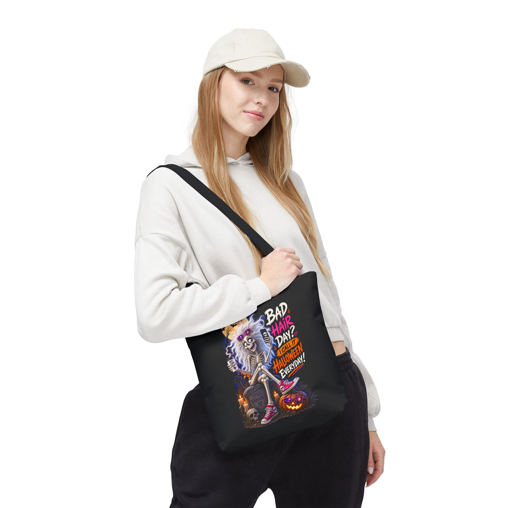 Halloween Skeleton Tote Bag — "Bad Hair Day? I Call It Halloween Everyday" Graphic