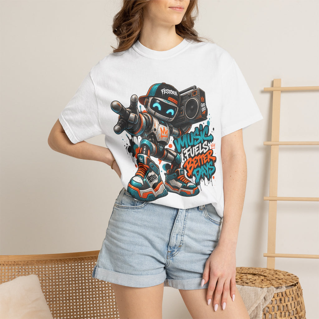 Music Fuels Better Days T-Shirt — Retro Robot Boombox Streetwear