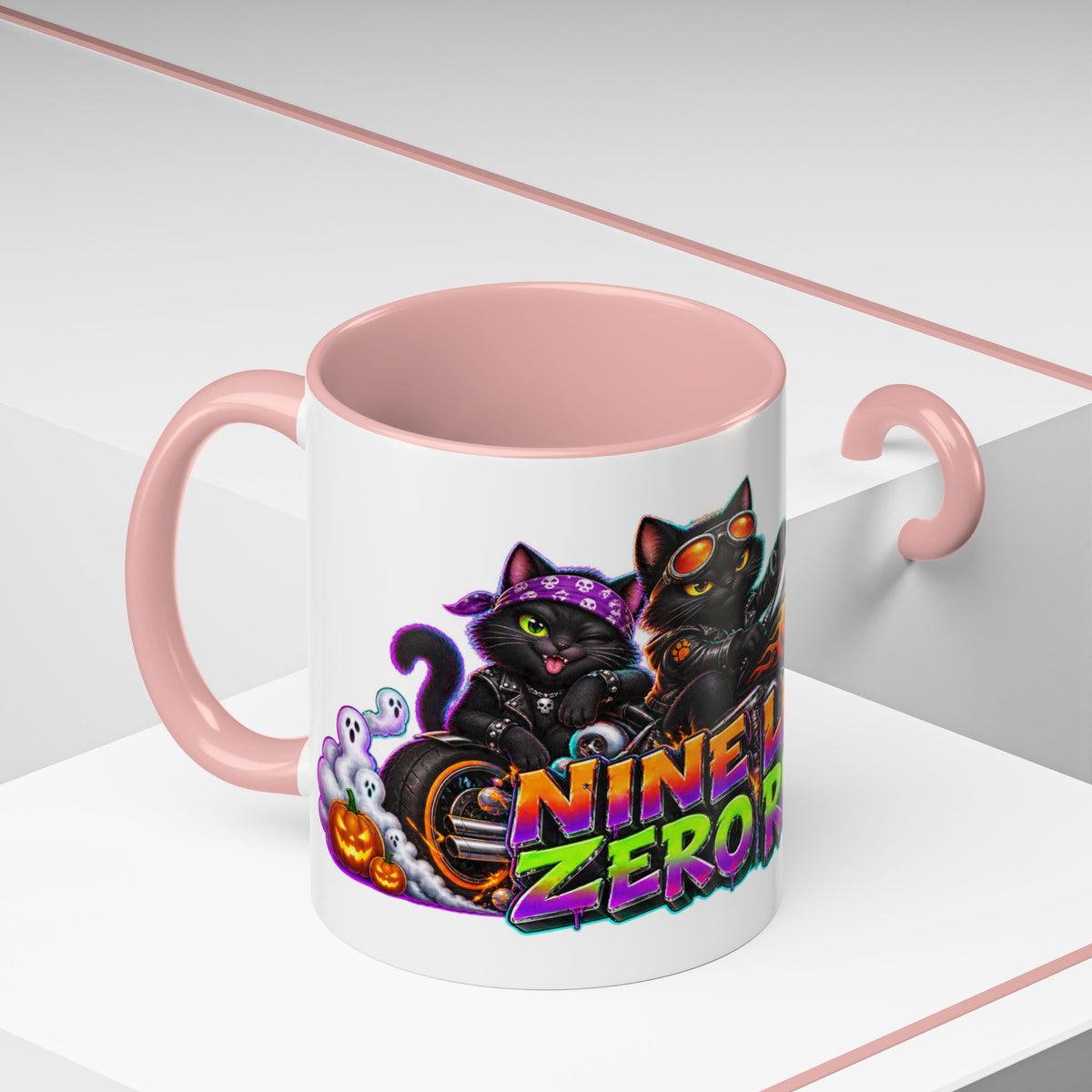 Nine Lives Zero Rules Biker Cats Halloween White Mug