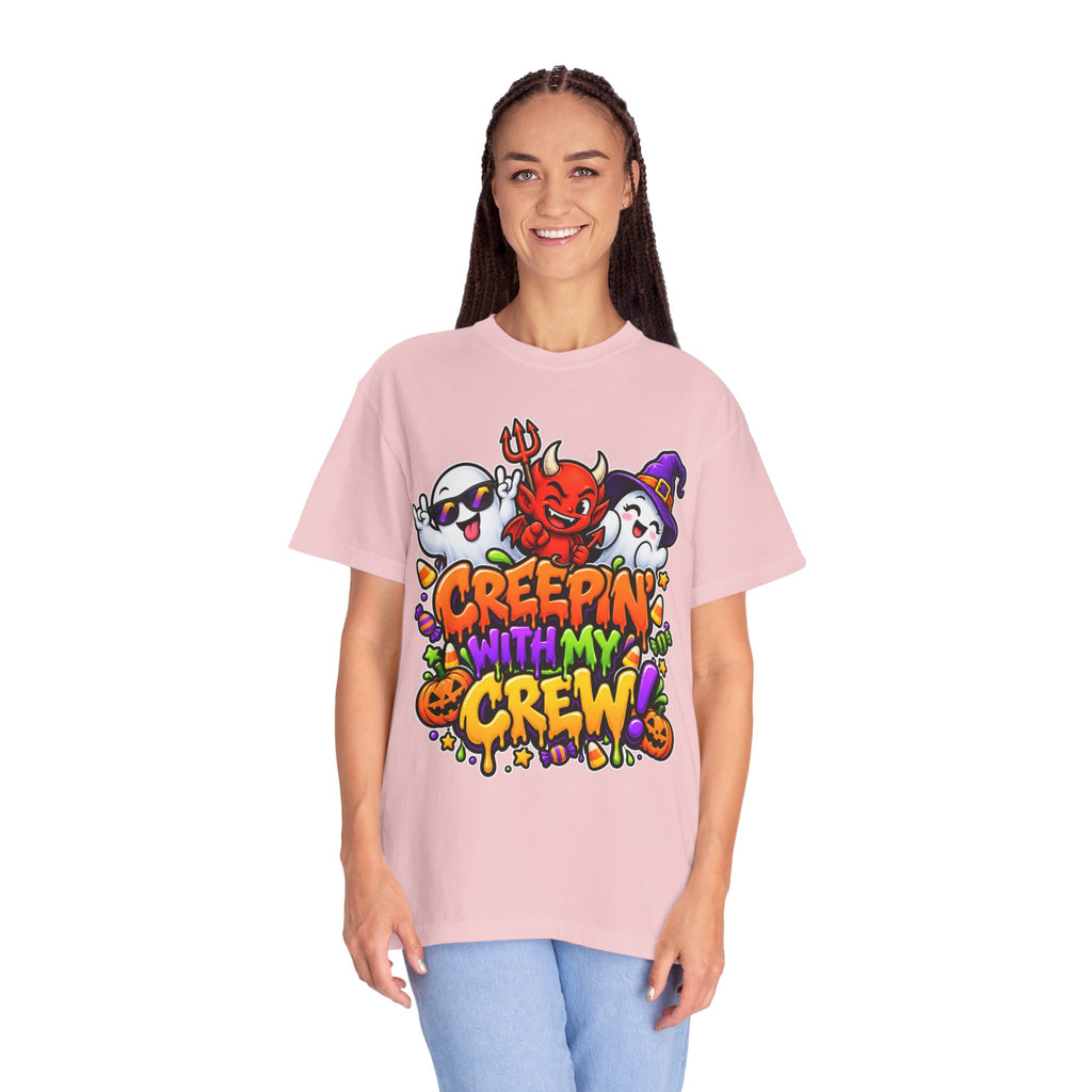 Creepin’ With My Crew Halloween T-Shirt – Colorful Funny Ghost & Devil Graphic Tee