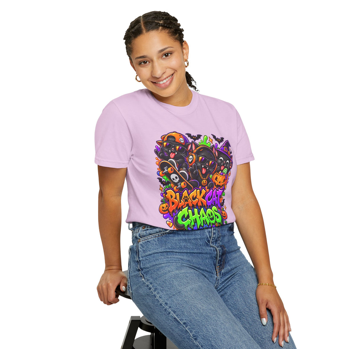 Neon Black Cat Halloween Chaos T-Shirt | Cute Spooky Cat Graphic Tee