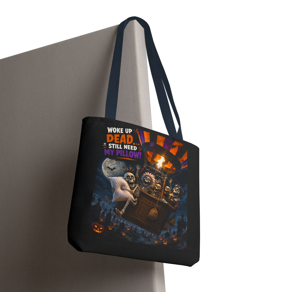 Halloween Ghost Tote — "Woke Up Dead... Still Need My Pillow" All-Over Print Tote