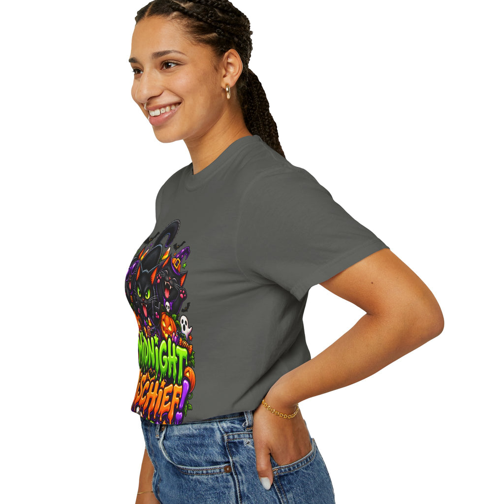 Midnight Mischief Halloween T-Shirt – Funny Black Cat Graphic Tee