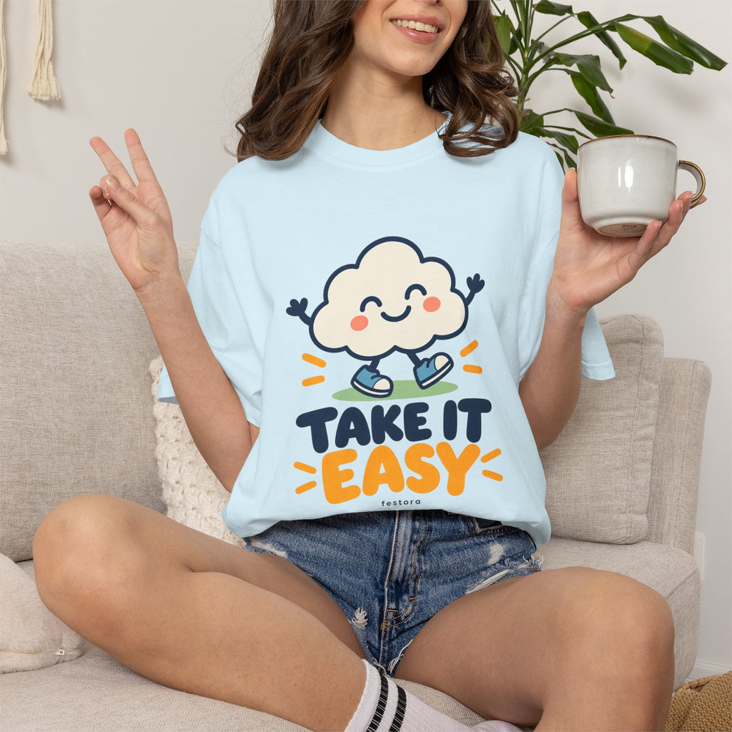 Take It Easy – Happy Cloud Graphic T-Shirt | Festora Everyday