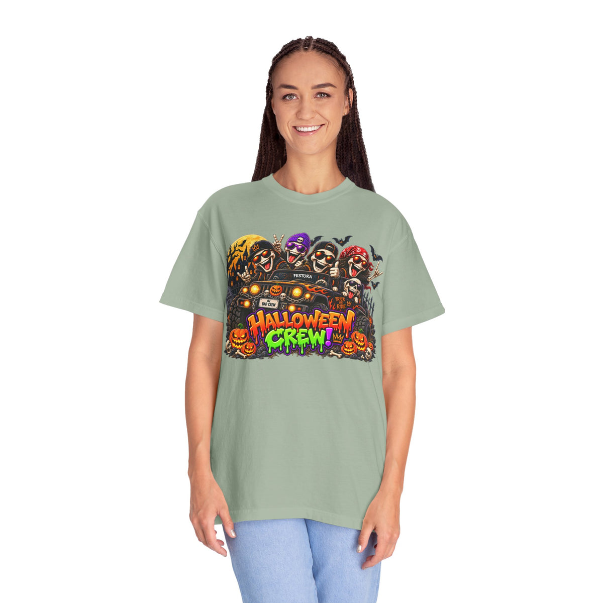 Halloween Crew T-Shirt – Skeleton Jeep Spooky Graphic Tee