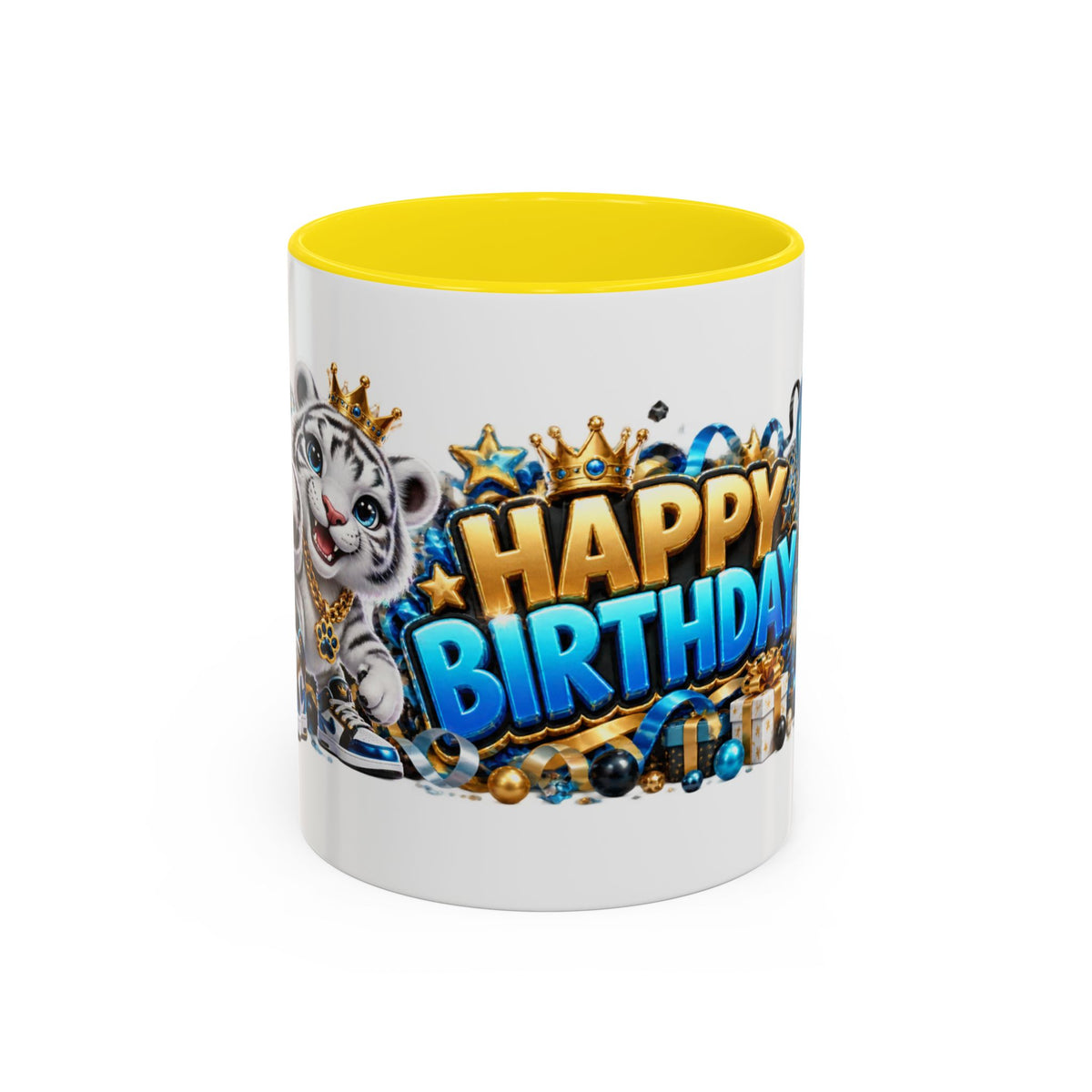 Happy Birthday White Tiger Mug – Colorful 3D Birthday Gift – White Coffee Mug