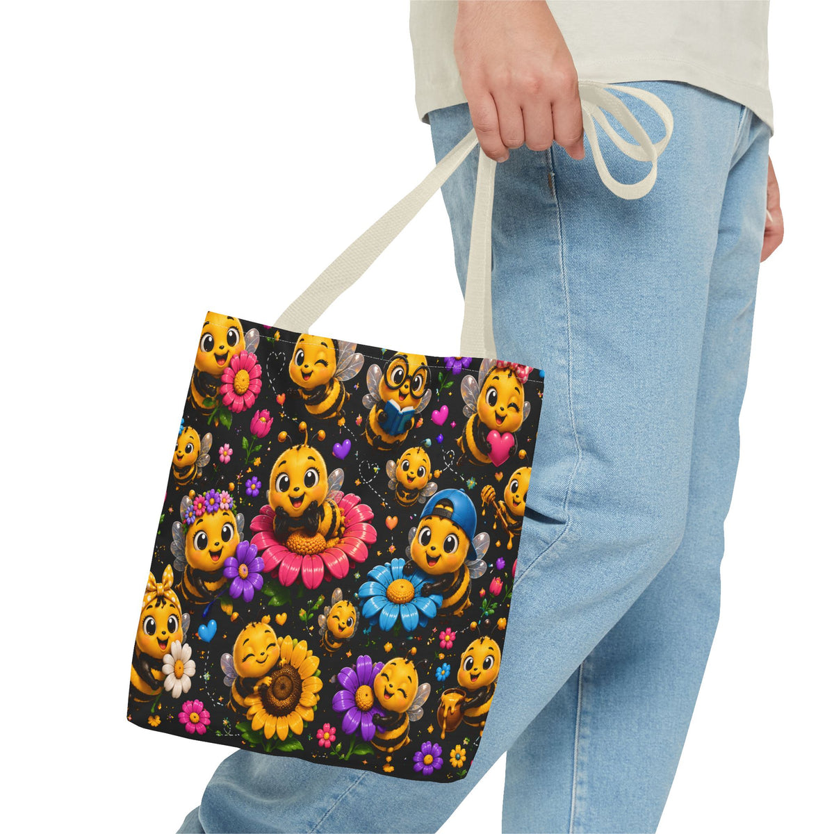 Cute Bee Pattern Tote Bag — Colorful Floral Cartoon Bees All-Over Print
