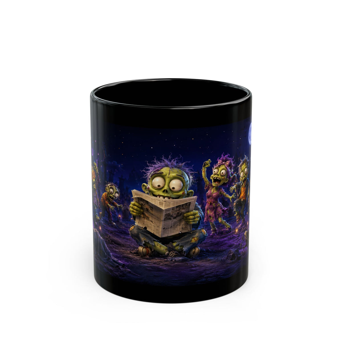 Funny Zombie Night Black Mug — Cute Moonlit Halloween Coffee Cup (11oz/15oz)