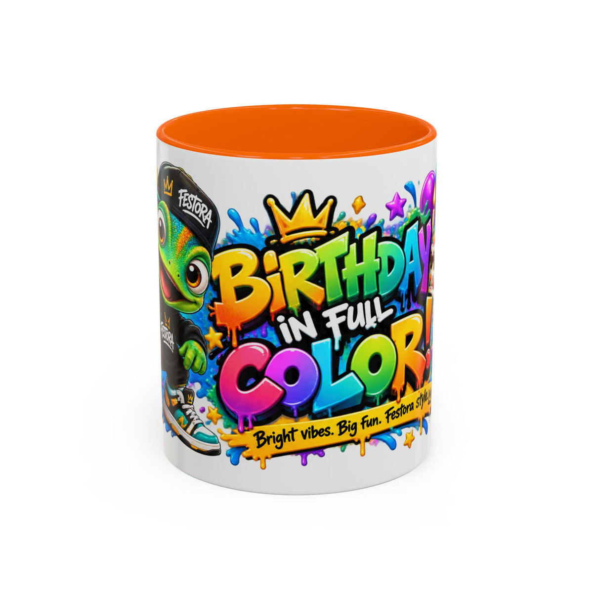 Birthday in Full Color White Ceramic Mug – Fun Colorful Birthday Coffee Cup – FestoraShop Original Design