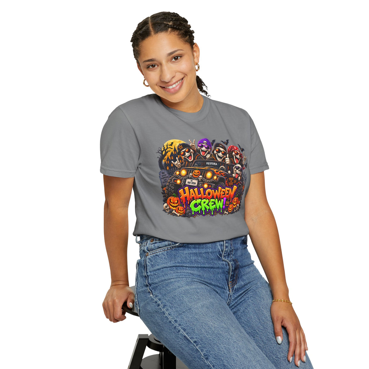 Halloween Crew T-Shirt – Skeleton Jeep Spooky Graphic Tee