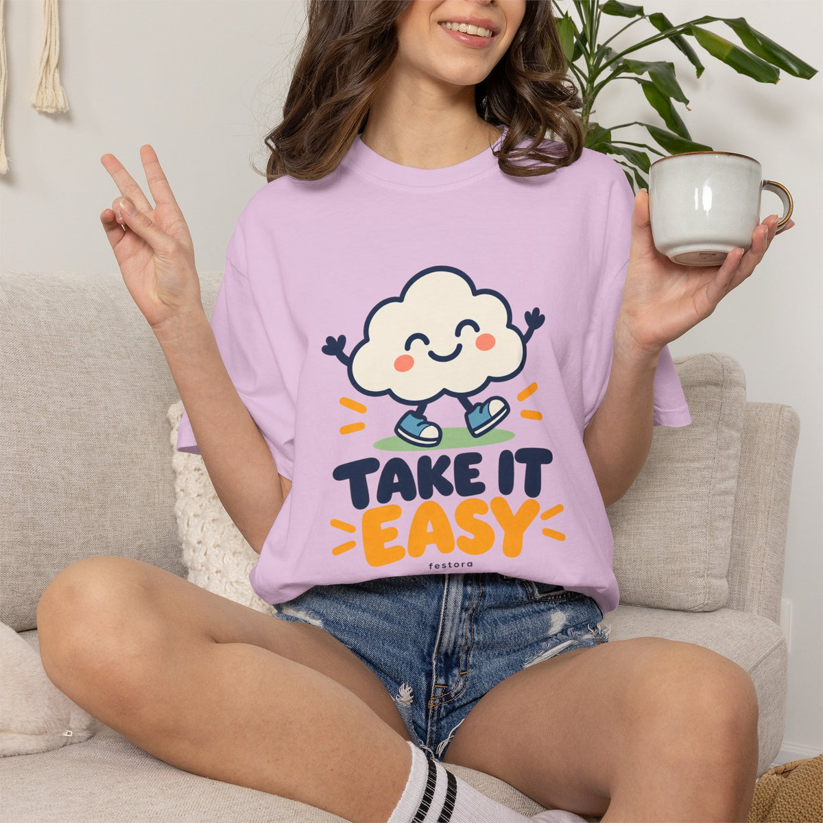 Take It Easy – Happy Cloud Graphic T-Shirt | Festora Everyday